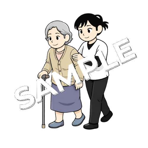 杖をついた高齢女性患者を支えながら歩く女性あん摩マッサージ指圧師のイラスト