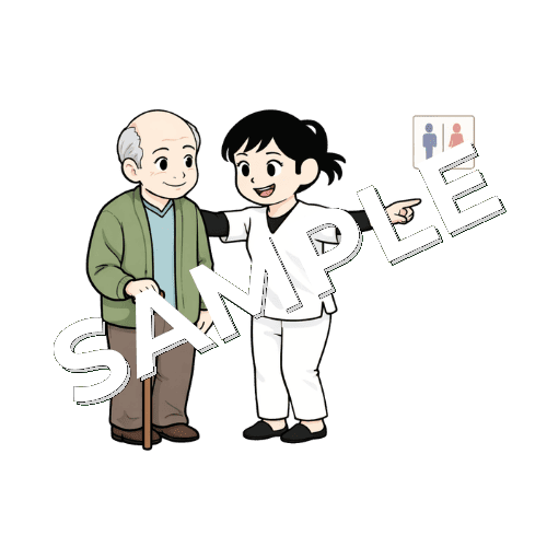 高齢男性患者にトイレの場所を案内する女性あん摩マッサージ指圧師のイラスト