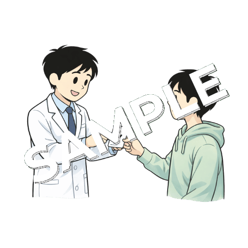 待合の番号札を若者患者に渡す男性薬剤師のイラスト