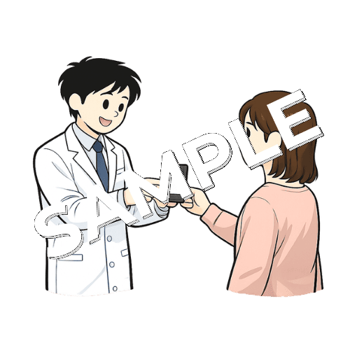 待合の呼び出しアラームを患者に渡す男性薬剤師のイラスト