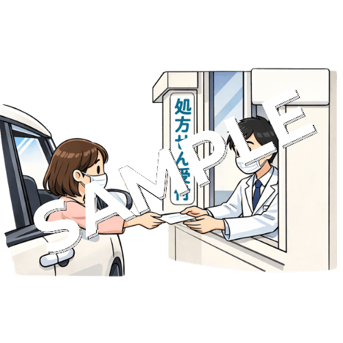 ドライブスルー薬局で女性患者に薬を渡す男性薬剤師のイラスト