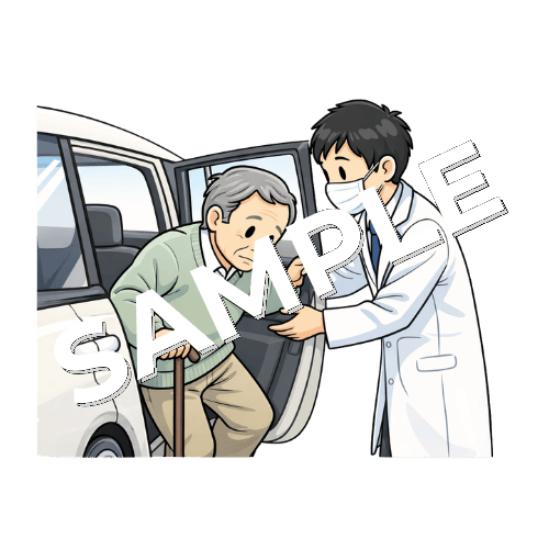 男性老人患者が車に乗り込むのを手伝う男性薬剤師のイラスト
