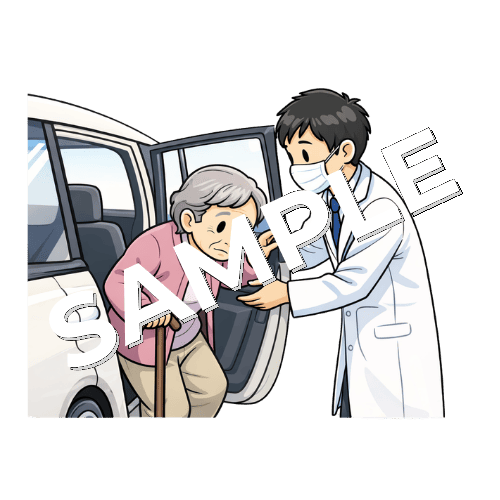 女性老人患者が車に乗り込むのを手伝う男性薬剤師のイラスト