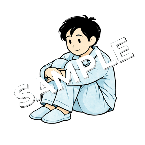 体育座りをする男性患者のイラスト