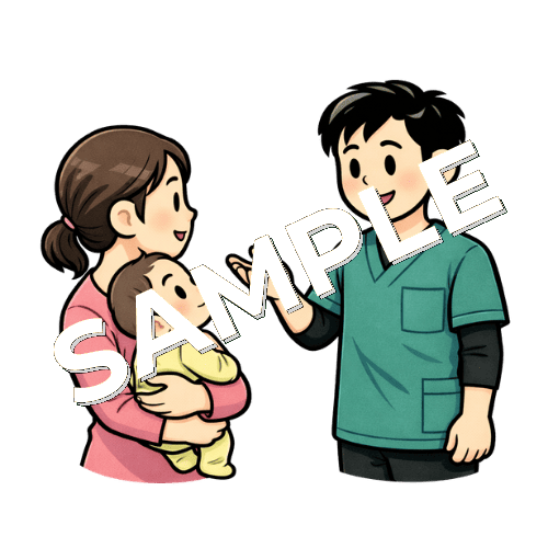 小児患者の母親と会話する男性作業療法士のイラスト