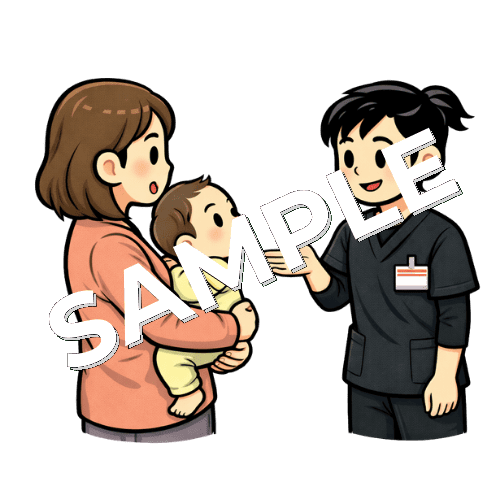 小児患者の母親と会話する女性作業療法士のイラスト