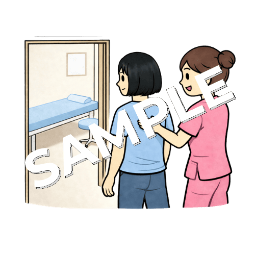 女性患者を診察室へ案内する女性看護師のイラスト