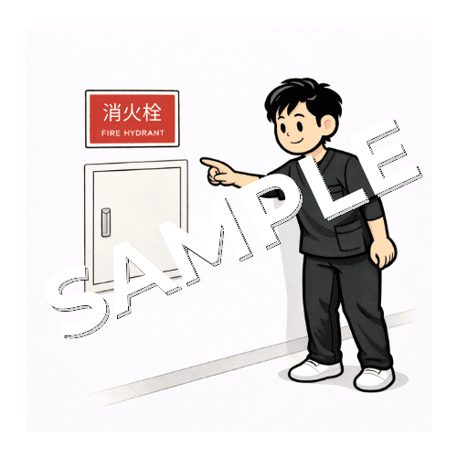 消火栓の位置を確認する男性作業療法士のイラスト
