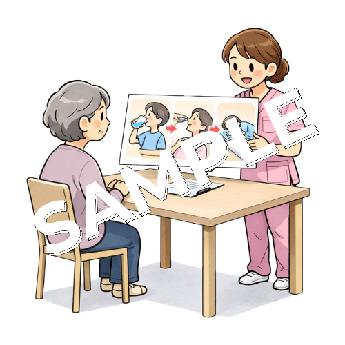 患者に胃カメラ前の説明をする女性看護師のイラスト