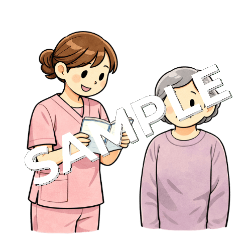 患者の血圧手帳を確認する女性看護師のイラスト