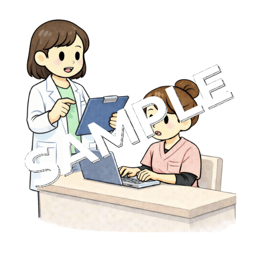 女性看護師に薬の変更内容を伝える女性薬剤師のイラスト