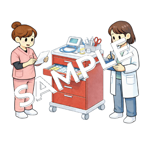 救急カートの薬品在庫を女性薬剤師とダブルチェックする女性看護師のイラスト