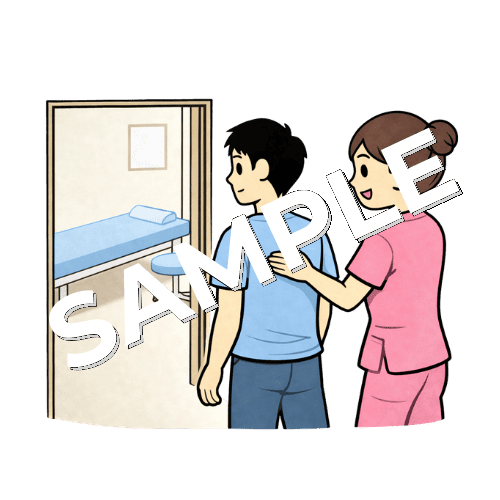 男性患者を診察室へ案内する女性看護師のイラスト
