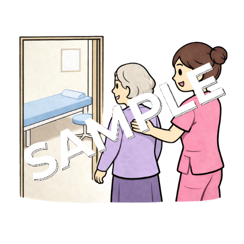 高齢男性患者を診察室へ案内する女性看護師のイラスト