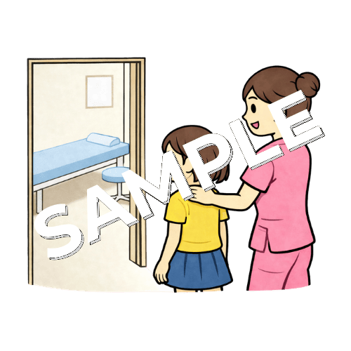 女の子の患者を診察室へ案内する女性看護師のイラスト