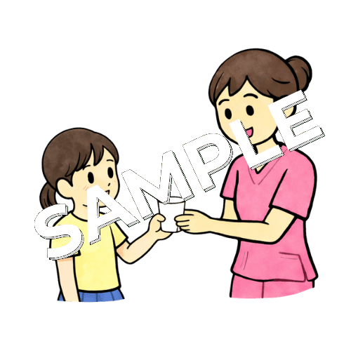 男の子の患者に検尿容器を渡す女性看護師のイラスト