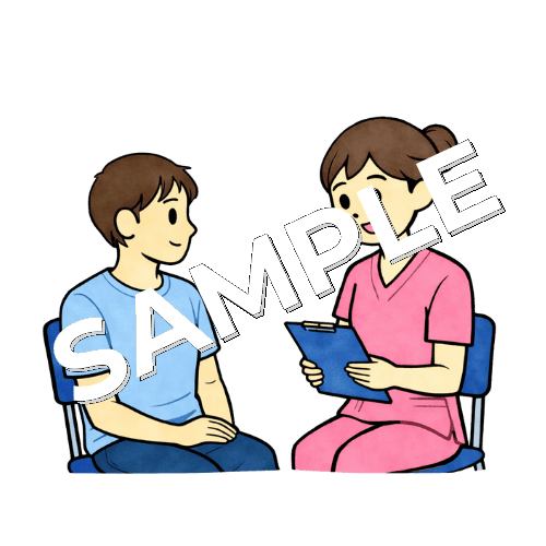 診察前に男性患者の問診をしている女性看護師のイラスト