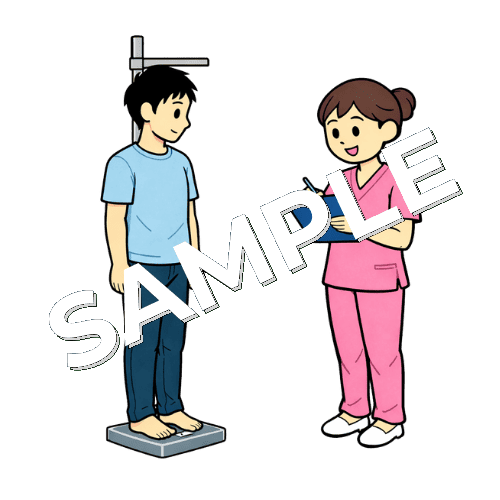 男性患者の身長測定をする女性看護師のイラスト