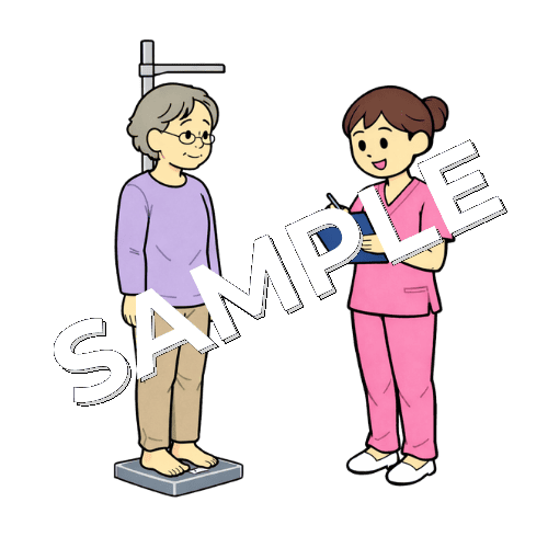 高齢女性患者の身長測定をする女性看護師のイラスト