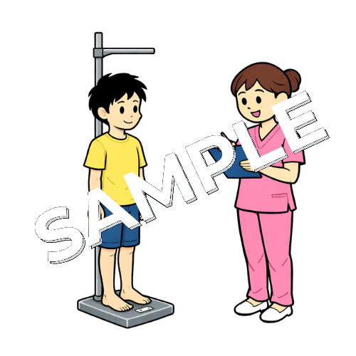 男の子の患者の身長測定をする女性看護師のイラスト