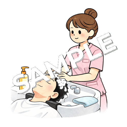 男性患者の洗髪をする女性看護師のイラスト