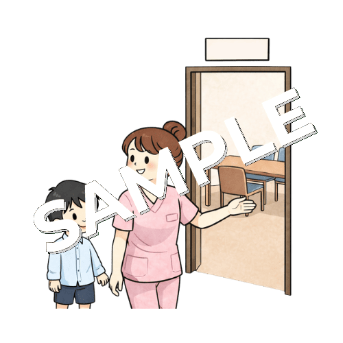 男の子の患者を面談室へ案内する女性看護師のイラスト