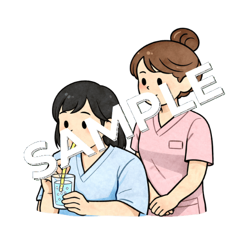 女性患者の嚥下訓練を見守る女性看護師のイラスト