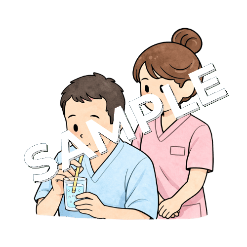 男性患者の嚥下訓練を見守る女性看護師のイラスト