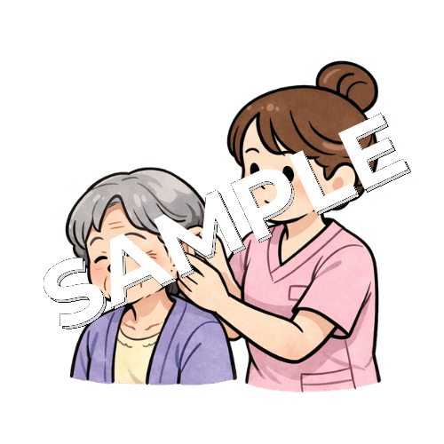 高齢女性患者の補聴器を装着する女性看護師のイラスト