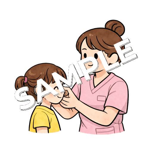 女の子の患者の補聴器を装着する女性看護師のイラスト