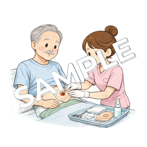 高齢男性患者のストーマパウチを交換する女性看護師のイラスト