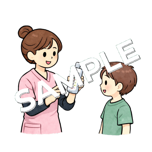男の子の患者にピークフローメーターの使い方を説明する女性看護師のイラスト