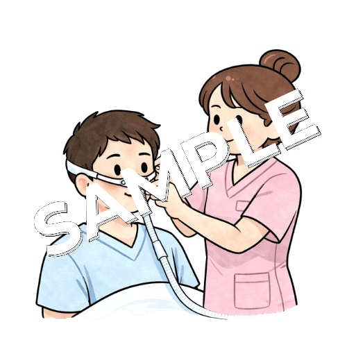 男性患者にネーザルハイフローを装着する女性看護師のイラスト