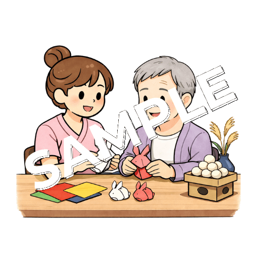 高齢男性患者と病棟でお月見の飾りつけをする女性看護師のイラスト