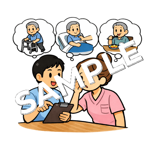 理学療法士から患者のADL状況を聞き取る女性看護師のイラスト