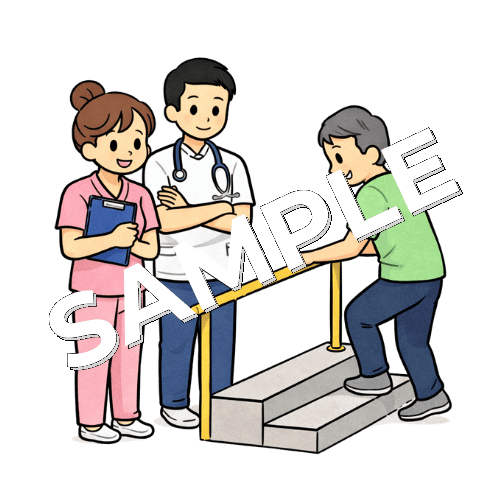 理学療法士と退院前の階段昇降テストを見守る女性看護師のイラスト