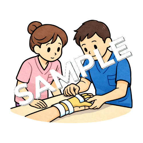 作業療法士と患者のスプリント（装具）を調整する女性看護師のイラスト