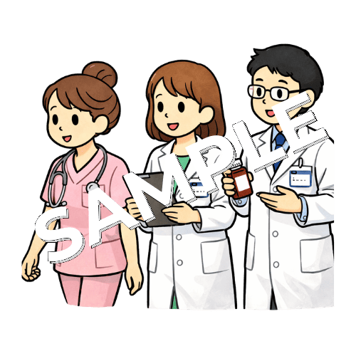 NST（栄養サポートチーム）で管理栄養士・薬剤師とラウンドする女性看護師のイラスト