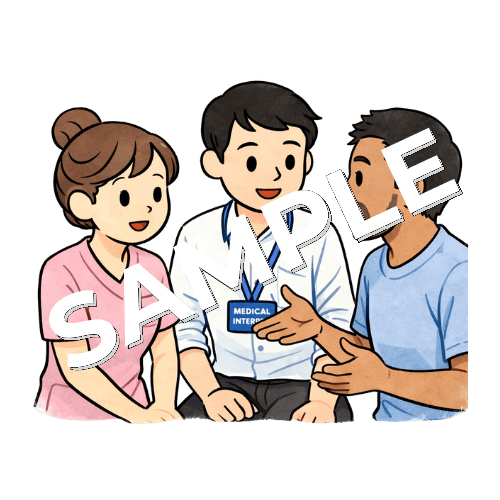 医療通訳者と一緒に外国人患者に手術の説明をする女性看護師のイラスト