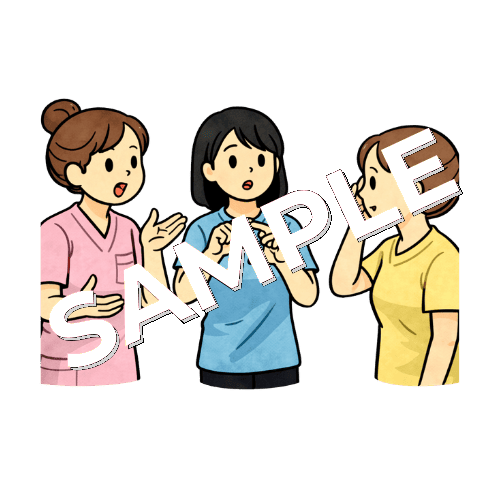 手話通訳者と聴覚障害の患者に検査説明をする女性看護師のイラスト