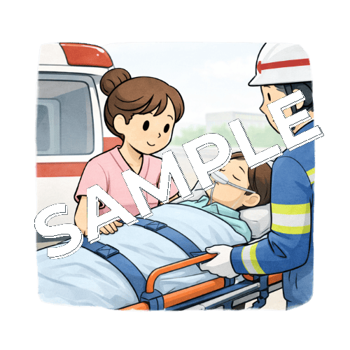 救急救命士からストレッチャーの患者を受け取る女性看護師のイラスト