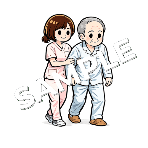 男性患者の腕を支えて歩く女性看護師のイラスト