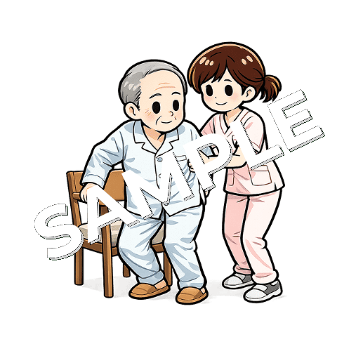 椅子から立ち上がる男性患者を支える女性看護師のイラスト