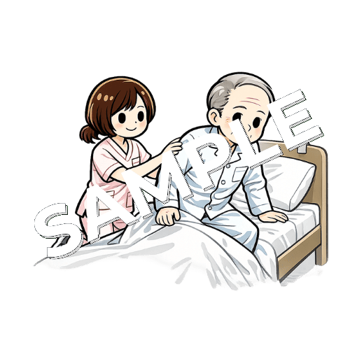 ベッドから起き上がる男性患者の背中に手を添える女性看護師のイラスト