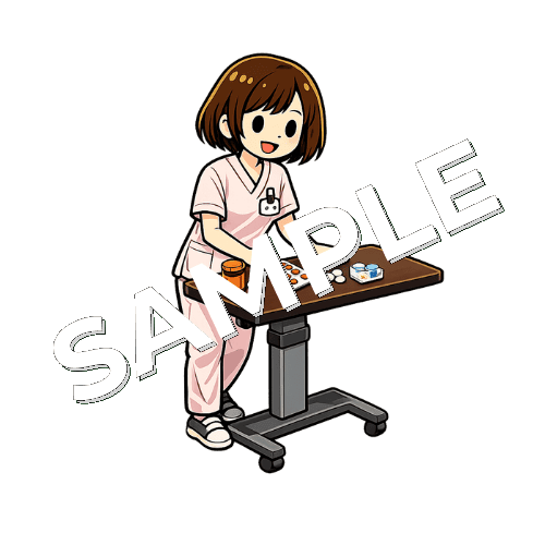 ベッドテーブルに薬を置く女性看護師のイラスト