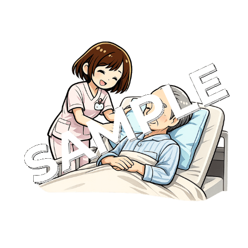 ベッドに寝いている患者の背中にクッションを入れる女性看護師のイラスト