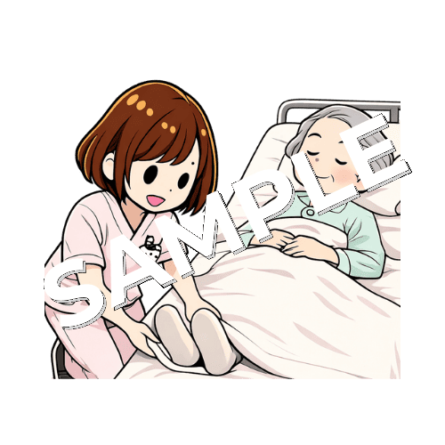 ベッドに寝ている患者の足元の位置を整える女性看護師のイラスト