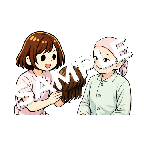がん患者のウィッグの相談に乗る女性看護師のイラスト