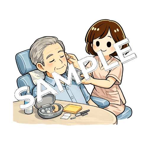 患者の補聴器のフィッティングを手伝う女性看護師のイラスト