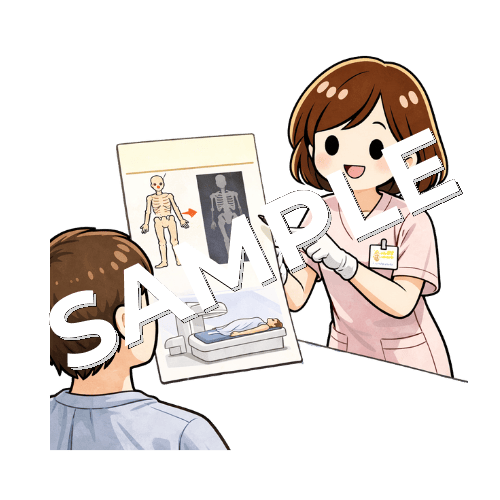 骨シンチ検査の説明をする女性看護師のイラスト